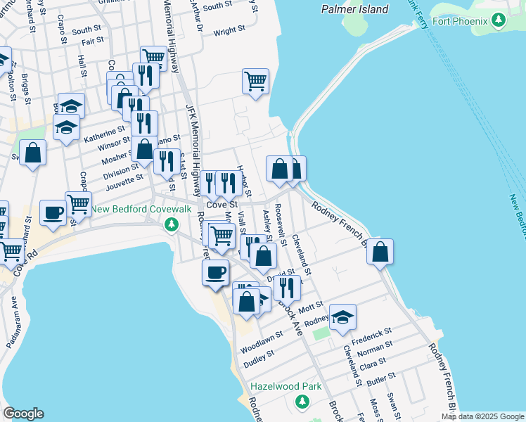 map of restaurants, bars, coffee shops, grocery stores, and more near 7 Ashley Street in New Bedford