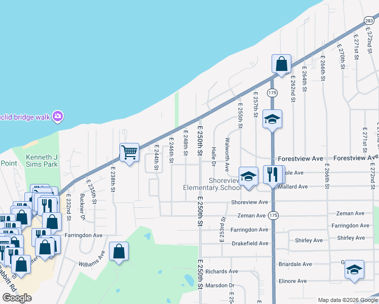 map of restaurants, bars, coffee shops, grocery stores, and more near 261 East 248th Street in Euclid