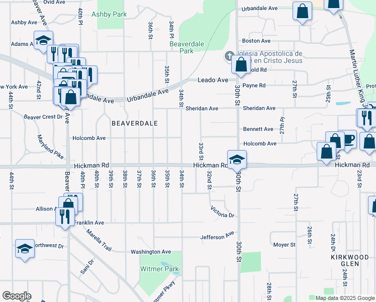 map of restaurants, bars, coffee shops, grocery stores, and more near 2401 34th Street in Des Moines