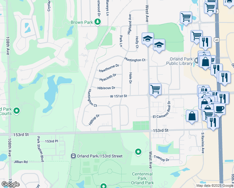 map of restaurants, bars, coffee shops, grocery stores, and more near 10156 151st Street in Orland Park