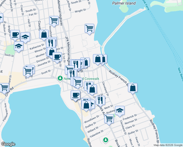 map of restaurants, bars, coffee shops, grocery stores, and more near 7 Ashley Street in New Bedford