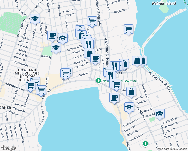 map of restaurants, bars, coffee shops, grocery stores, and more near 24 Margin Street in New Bedford