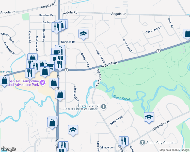 map of restaurants, bars, coffee shops, grocery stores, and more near 1330 Eastgate Road in Toledo