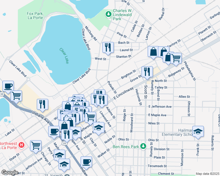 map of restaurants, bars, coffee shops, grocery stores, and more near 204 Pulaski Street in La Porte