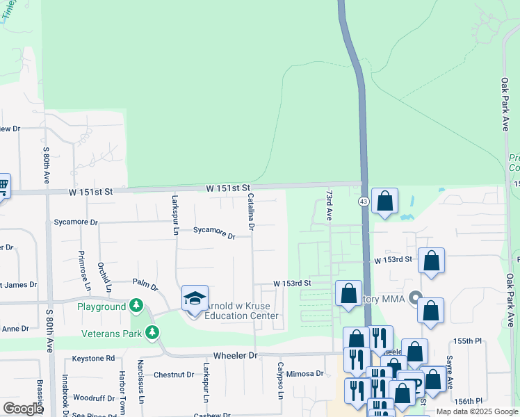 map of restaurants, bars, coffee shops, grocery stores, and more near 15119 Catalina Drive in Orland Park