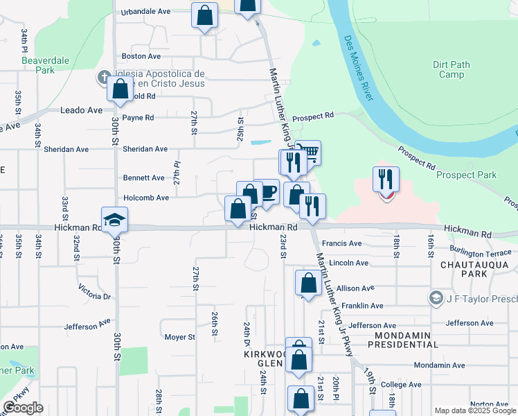 map of restaurants, bars, coffee shops, grocery stores, and more near 2411 24th Street in Des Moines