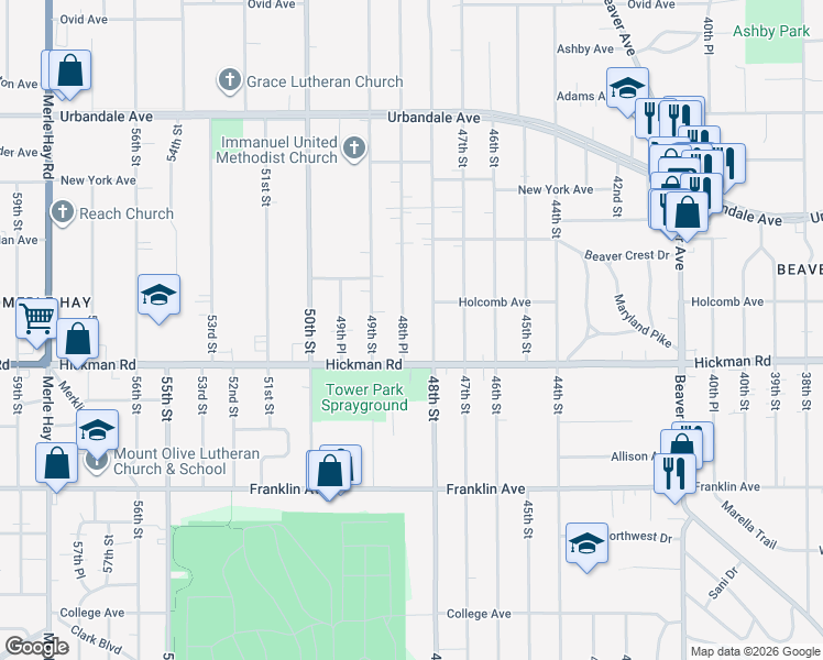 map of restaurants, bars, coffee shops, grocery stores, and more near 2404 48th Place in Des Moines
