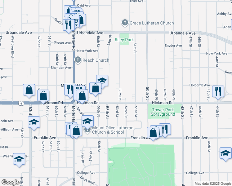 map of restaurants, bars, coffee shops, grocery stores, and more near 2408 53rd Street in Des Moines