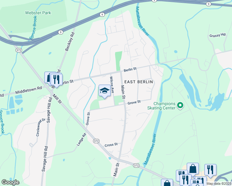 map of restaurants, bars, coffee shops, grocery stores, and more near 68 Main Street in Berlin