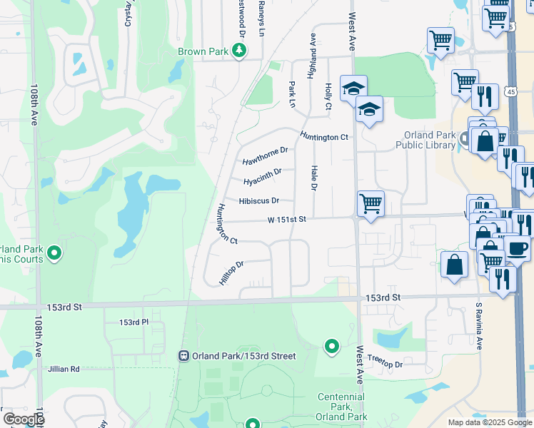 map of restaurants, bars, coffee shops, grocery stores, and more near 10216 West 151st Street in Orland Park