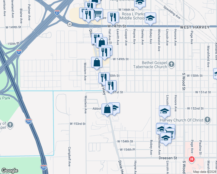 map of restaurants, bars, coffee shops, grocery stores, and more near 15034 Vail Avenue in Harvey