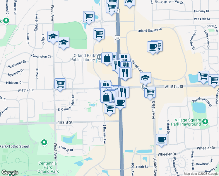 map of restaurants, bars, coffee shops, grocery stores, and more near 9636 151st Street in Orland Park