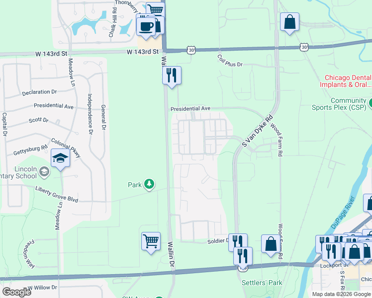map of restaurants, bars, coffee shops, grocery stores, and more near 14634 Patriot Square Drive West in Plainfield