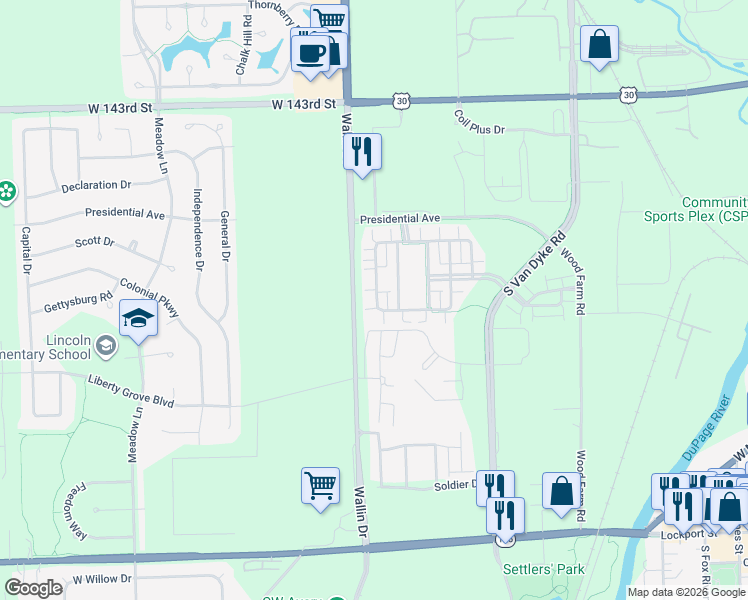 map of restaurants, bars, coffee shops, grocery stores, and more near 14530 Thomas Jefferson Drive in Plainfield