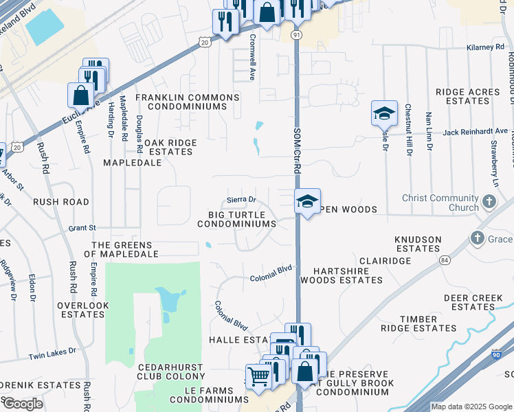 map of restaurants, bars, coffee shops, grocery stores, and more near 5460 Hampton Court in Willoughby