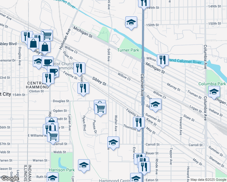 map of restaurants, bars, coffee shops, grocery stores, and more near 620 Sibley Street in Hammond