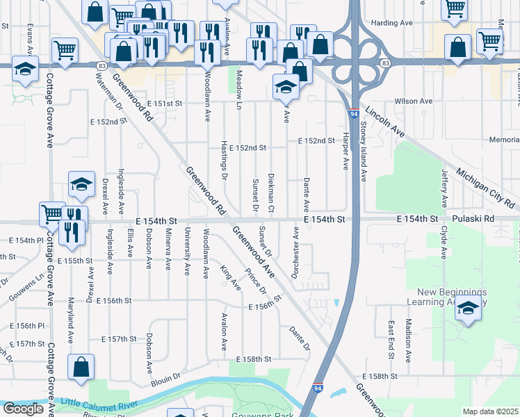 map of restaurants, bars, coffee shops, grocery stores, and more near 15335 Sunset Drive in Dolton