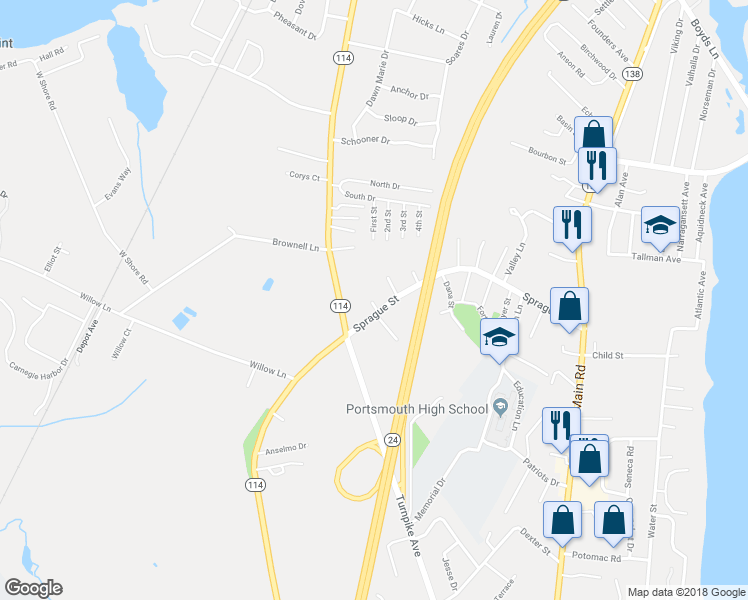 map of restaurants, bars, coffee shops, grocery stores, and more near 271 Sprague Street in Portsmouth