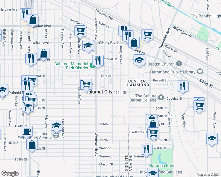 map of restaurants, bars, coffee shops, grocery stores, and more near 684 Forsythe Avenue in Calumet City
