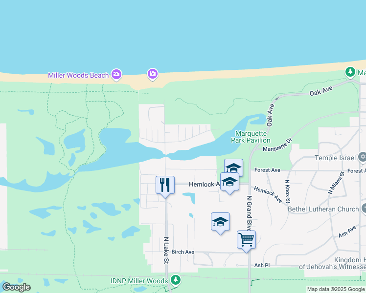 map of restaurants, bars, coffee shops, grocery stores, and more near 6015 Juniper Avenue in Gary