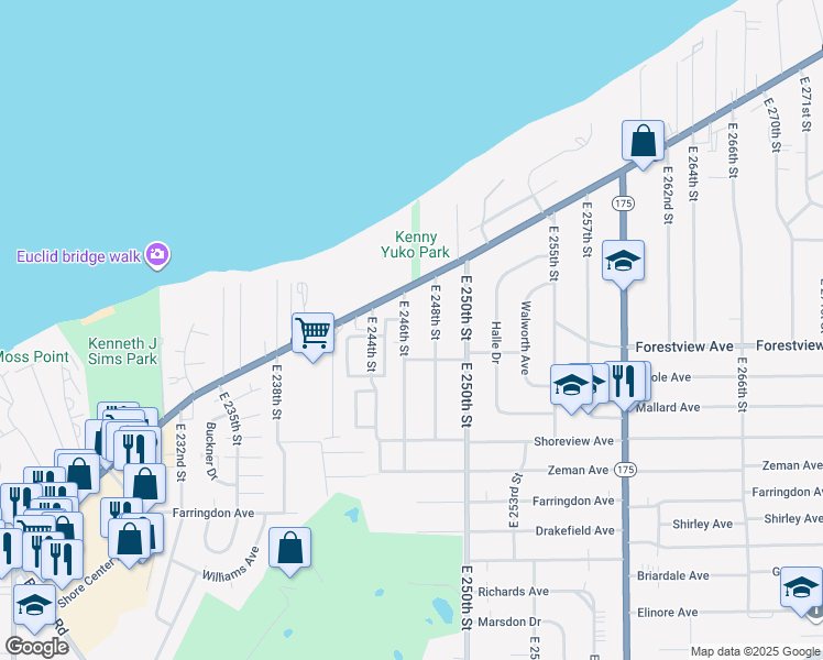 map of restaurants, bars, coffee shops, grocery stores, and more near 241 East 246th Street in Euclid