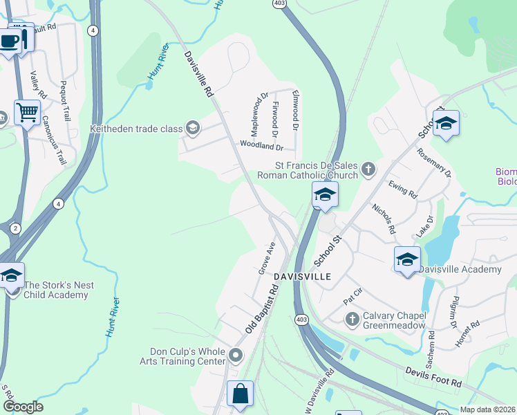 map of restaurants, bars, coffee shops, grocery stores, and more near 516 Davisville Road in North Kingstown
