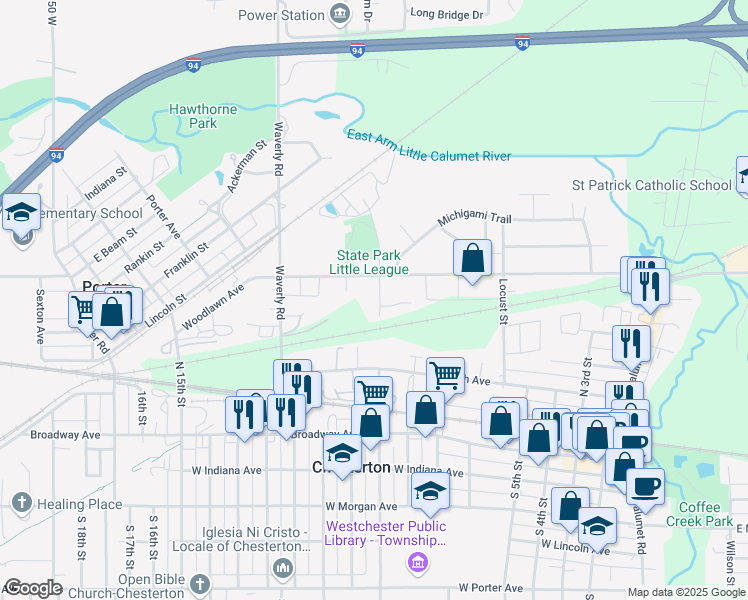 map of restaurants, bars, coffee shops, grocery stores, and more near 411 North 8th Street in Chesterton