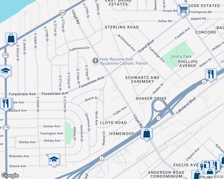map of restaurants, bars, coffee shops, grocery stores, and more near 852 Lloyd Road in Wickliffe