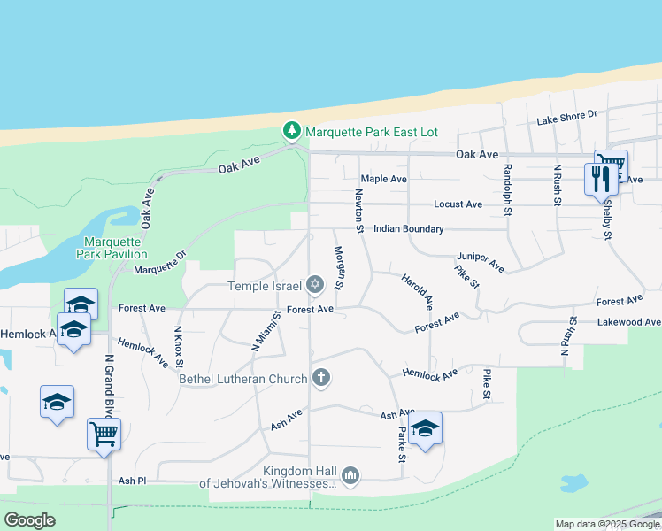 map of restaurants, bars, coffee shops, grocery stores, and more near 710 Morgan Street in Gary