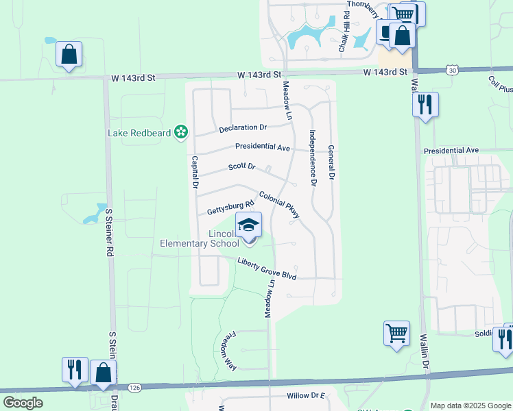 map of restaurants, bars, coffee shops, grocery stores, and more near 14623 Gettysburg Court in Plainfield