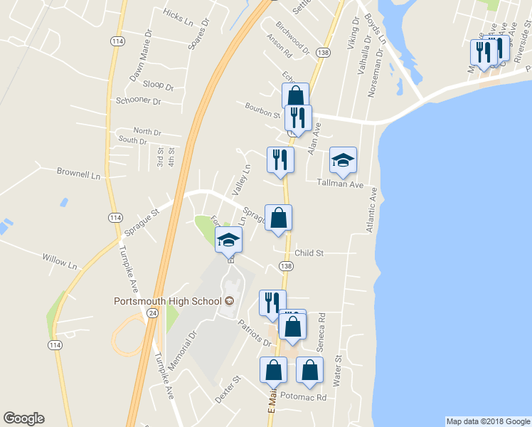 map of restaurants, bars, coffee shops, grocery stores, and more near 47 Sprague Street in Portsmouth