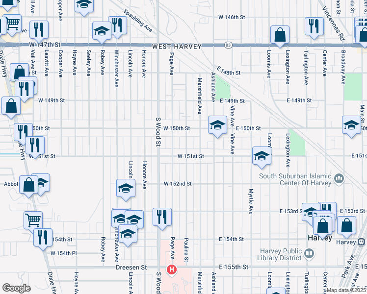 map of restaurants, bars, coffee shops, grocery stores, and more near 15032 Paulina Street in Harvey