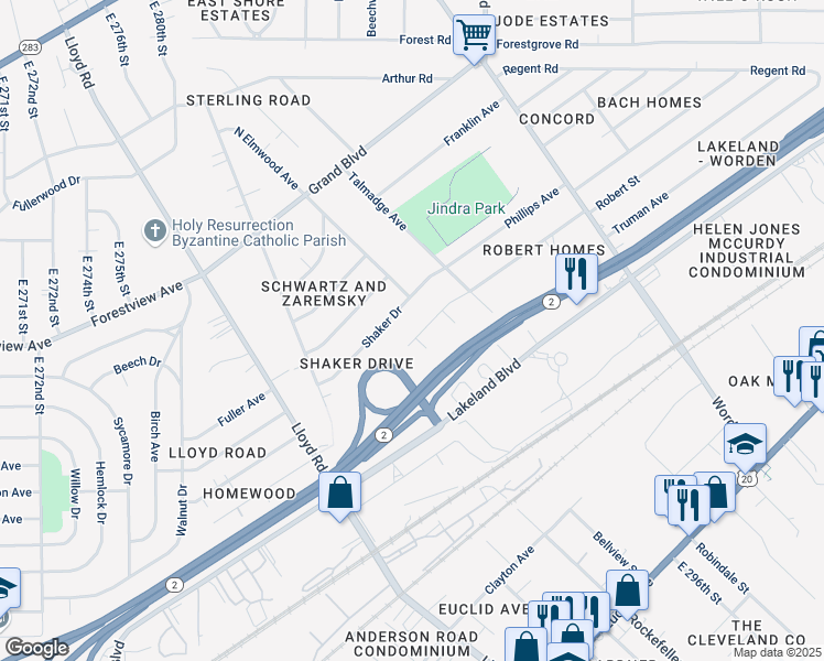 map of restaurants, bars, coffee shops, grocery stores, and more near 29501 Robert Street in Wickliffe
