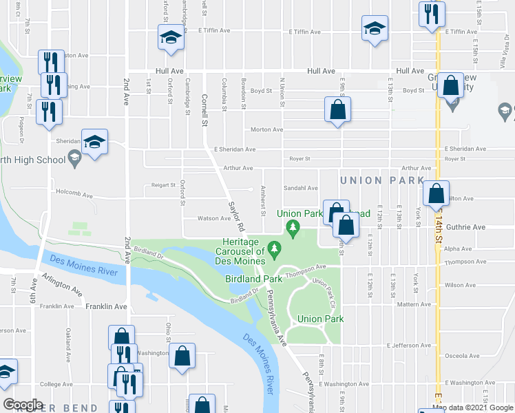 map of restaurants, bars, coffee shops, grocery stores, and more near 2328 Amherst St in Des Moines
