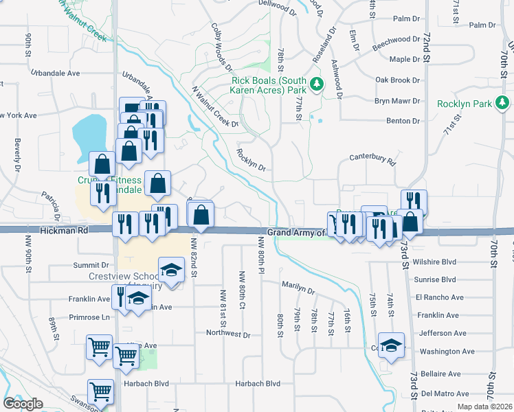 map of restaurants, bars, coffee shops, grocery stores, and more near 8027 Cobblestone Court in Urbandale