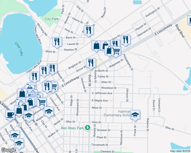map of restaurants, bars, coffee shops, grocery stores, and more near 198 Talley St in La Porte