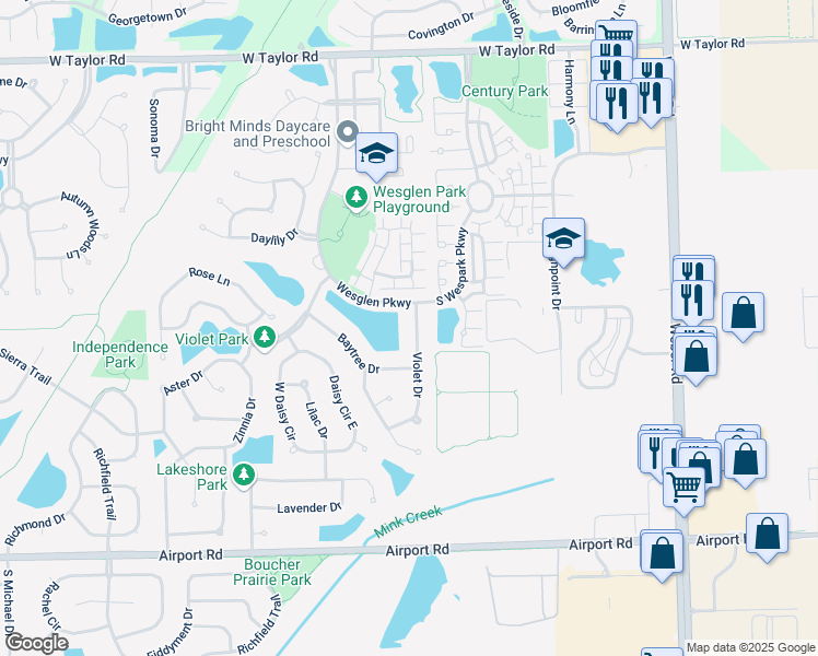 map of restaurants, bars, coffee shops, grocery stores, and more near 218 Violet Drive in Romeoville