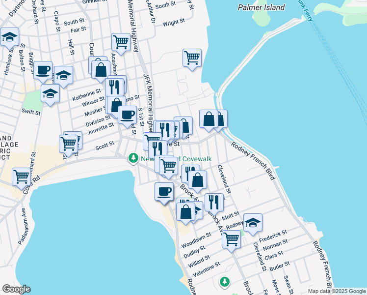 map of restaurants, bars, coffee shops, grocery stores, and more near 82 Cove Street in New Bedford