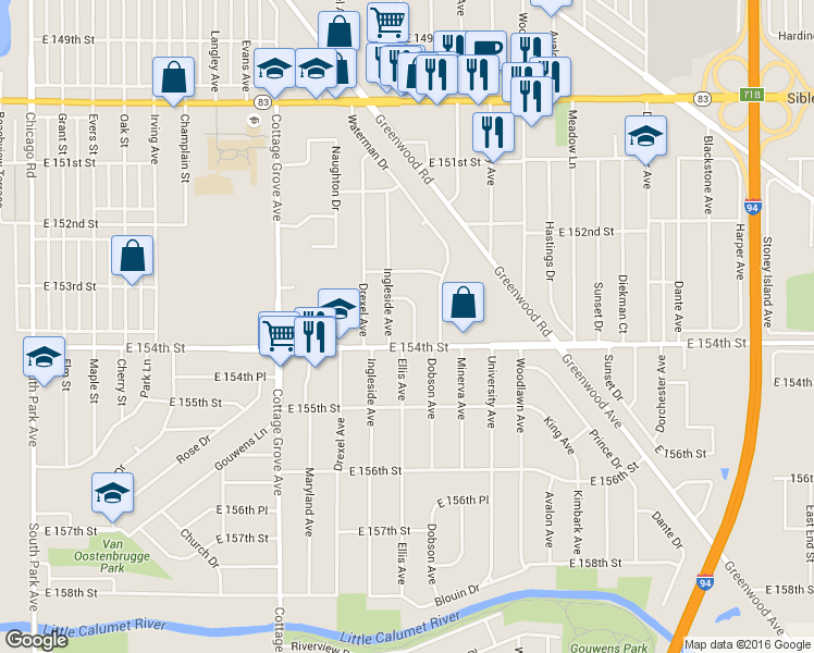 map of restaurants, bars, coffee shops, grocery stores, and more near 15352 Ellis Avenue in South Holland
