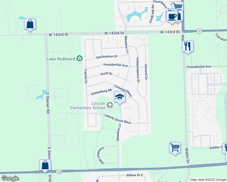 map of restaurants, bars, coffee shops, grocery stores, and more near 14623 Gettysburg Court in Plainfield