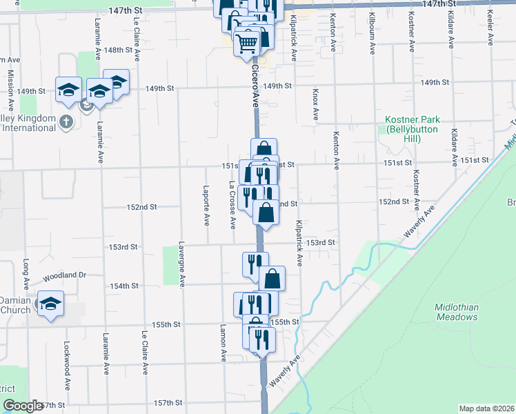 map of restaurants, bars, coffee shops, grocery stores, and more near 15201 South Cicero Avenue in Oak Forest