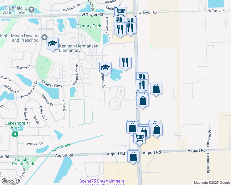 map of restaurants, bars, coffee shops, grocery stores, and more near 210 Oakcreek Lane in Romeoville