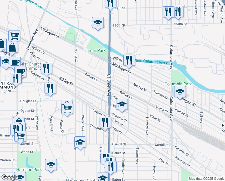 map of restaurants, bars, coffee shops, grocery stores, and more near 814 Willow Ct in Hammond