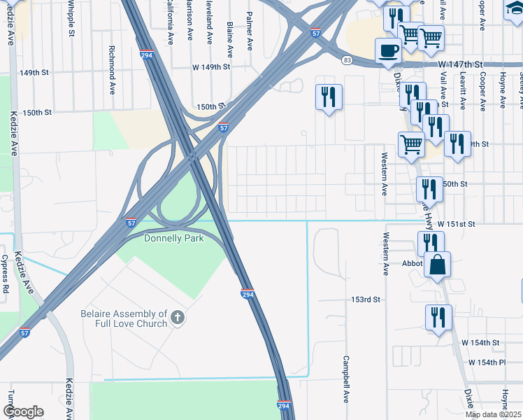 map of restaurants, bars, coffee shops, grocery stores, and more near 15027 Washtenaw Avenue in Harvey