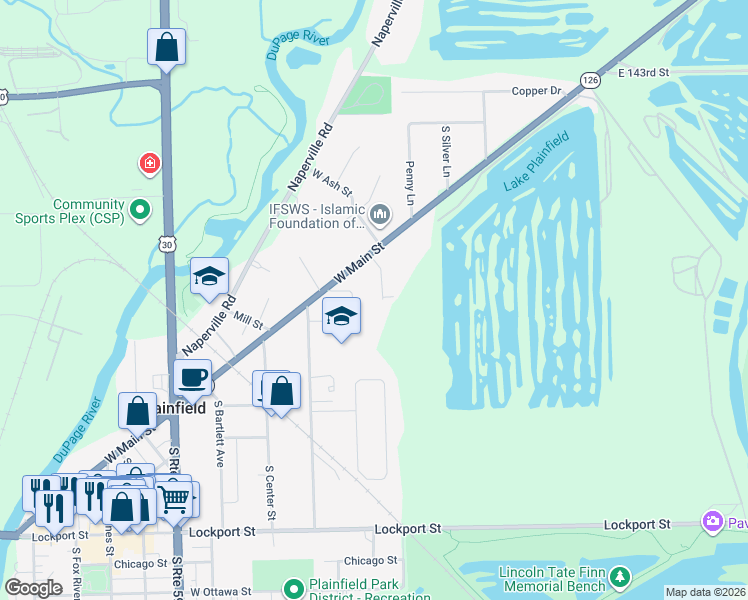 map of restaurants, bars, coffee shops, grocery stores, and more near 14632 South Kearns Drive in Plainfield