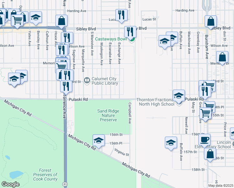 map of restaurants, bars, coffee shops, grocery stores, and more near 680 Exchange Avenue in Calumet City