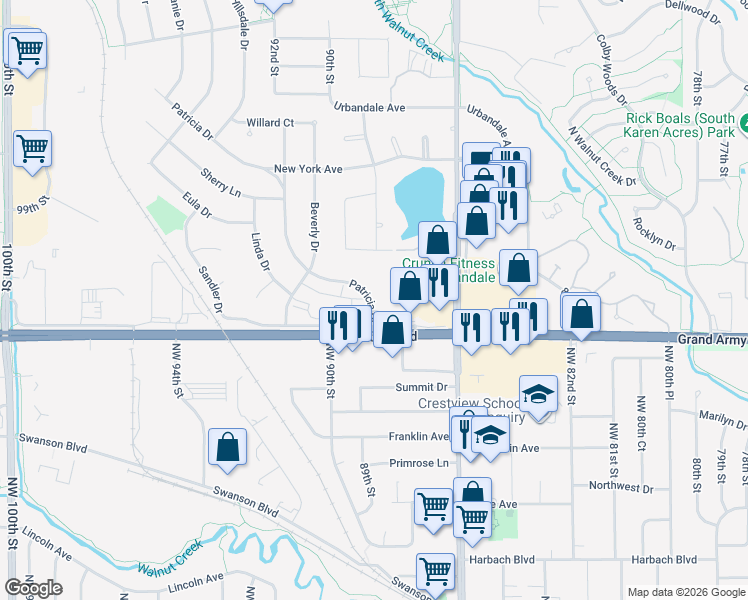 map of restaurants, bars, coffee shops, grocery stores, and more near 2401 Patricia Drive in Urbandale