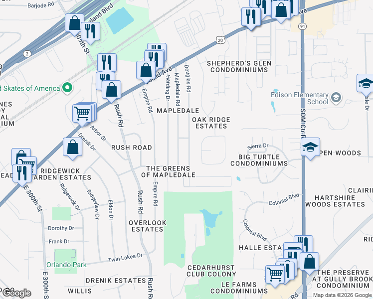 map of restaurants, bars, coffee shops, grocery stores, and more near 1692 Douglas Rd in Wickliffe