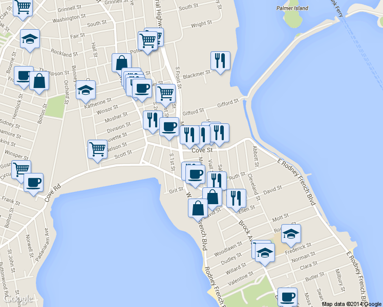 map of restaurants, bars, coffee shops, grocery stores, and more near 118 Cove St in New Bedford