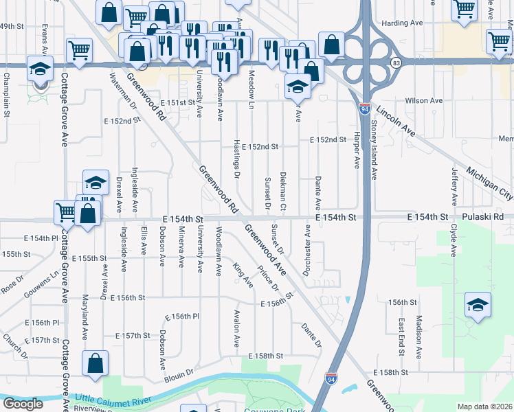 map of restaurants, bars, coffee shops, grocery stores, and more near 15331 Meadow Lane in Dolton